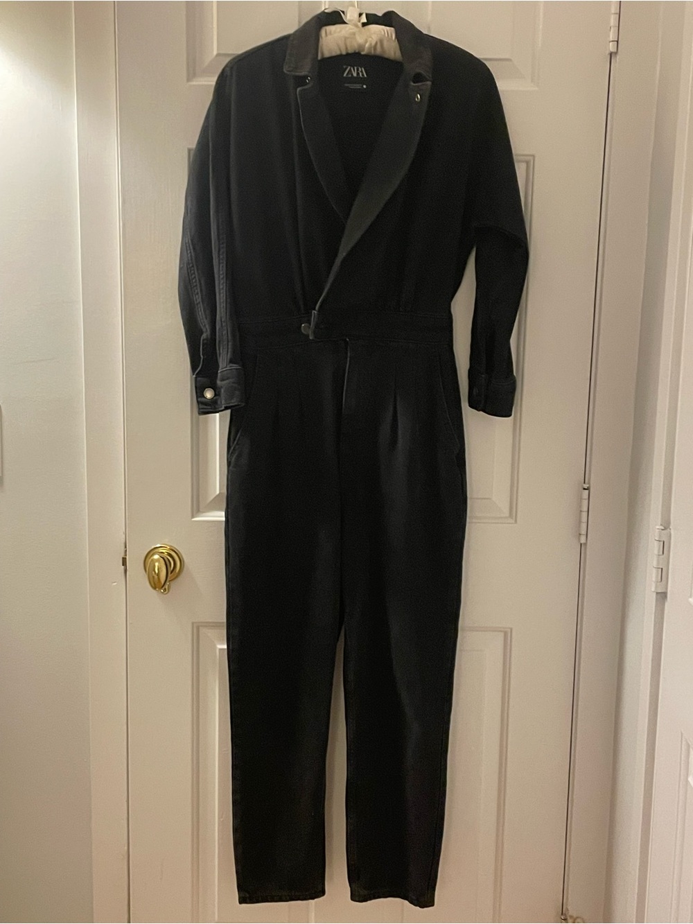Zara Black denim Long-Sleeve Utility Jumpsuit